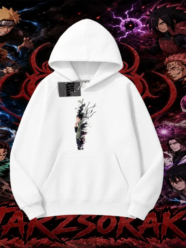 Shikamaru Nara Naruto Anime Karakter Oversize Unisex Kapşonlu Sweatshirt Beyaz