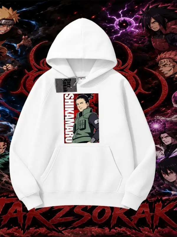 Shikamaru Nara Naruto Anime Karakter Oversize Unisex Kapşonlu Sweatshirt Beyaz