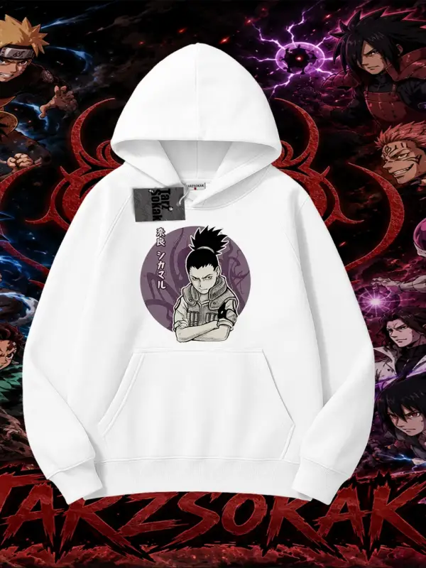 Shikamaru Nara Naruto Anime Karakter Oversize Unisex Kapşonlu Sweatshirt Beyaz