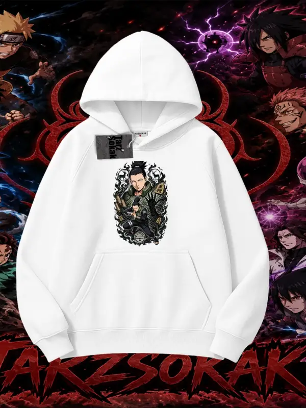 Shikamaru Nara Naruto Anime Karakter Oversize Unisex Kapşonlu Sweatshirt Beyaz