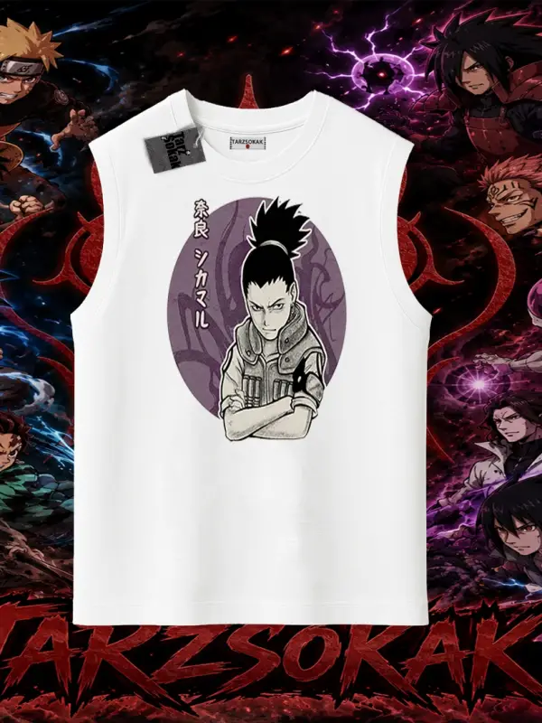 Shikamaru Nara Naruto Anime Karakter Oversize Unisex Kolsuz Tişört Beyaz