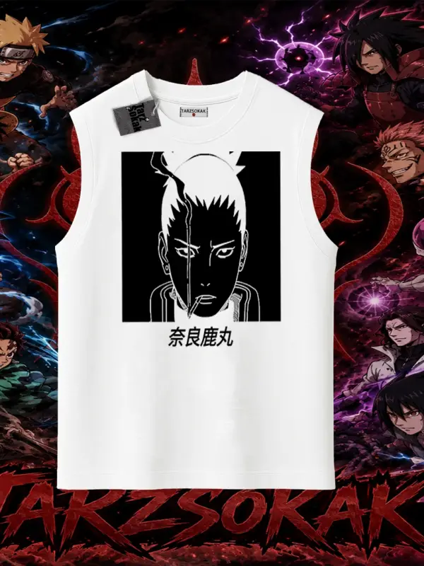 Shikamaru Nara Naruto Anime Karakter Oversize Unisex Kolsuz Tişört Beyaz