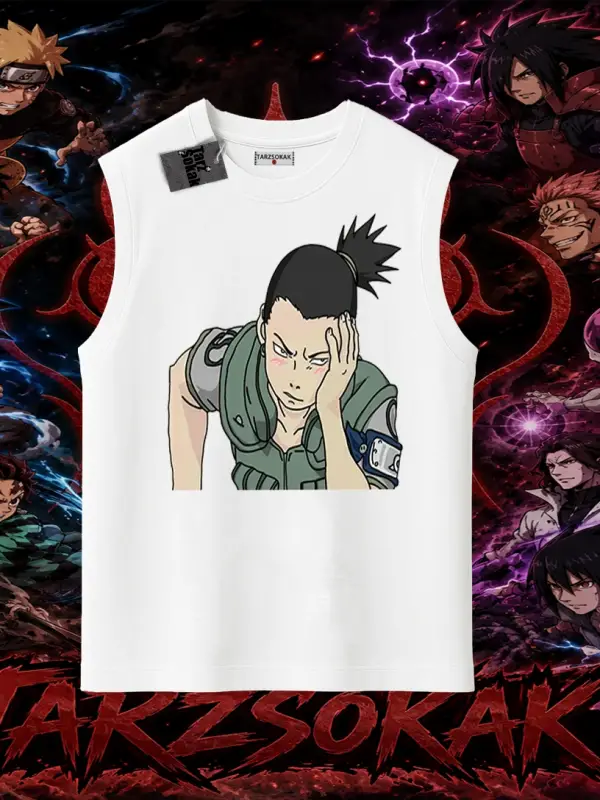 Shikamaru Nara Naruto Anime Karakter Oversize Unisex Kolsuz Tişört Beyaz