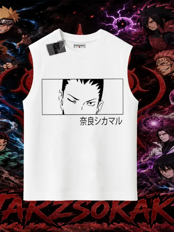 Shikamaru Nara Naruto Anime Karakter Oversize Unisex Kolsuz Tişört Beyaz