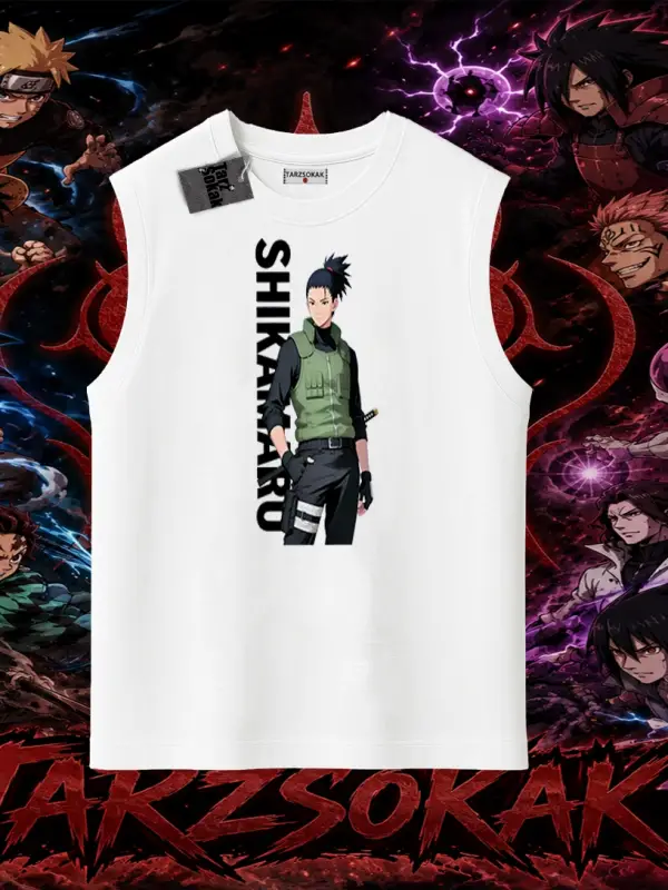 Shikamaru Nara Naruto Anime Karakter Oversize Unisex Kolsuz Tişört Beyaz