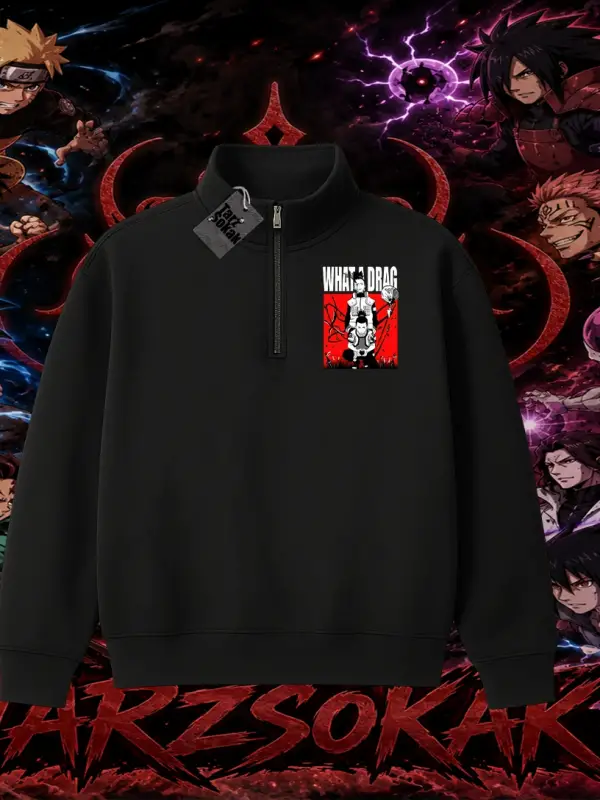Shikamaru Nara Naruto Anime Karakter Unisex Polo Yaka Yarım Fermuarlı Sweatshirt Beyaz
