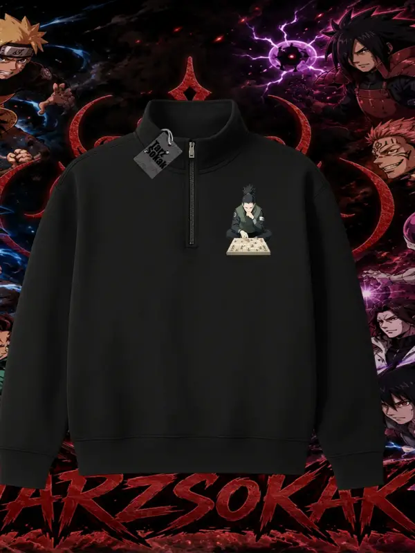 Shikamaru Nara Naruto Anime Karakter Unisex Polo Yaka Yarım Fermuarlı Sweatshirt Beyaz