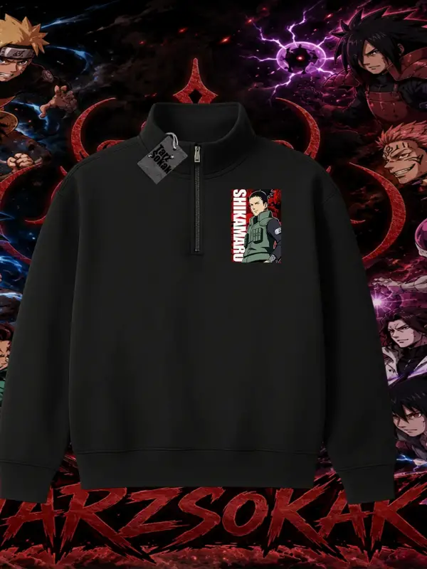 Shikamaru Nara Naruto Anime Karakter Unisex Polo Yaka Yarım Fermuarlı Sweatshirt Beyaz