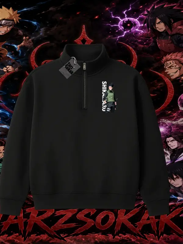Shikamaru Nara Naruto Anime Karakter Unisex Polo Yaka Yarım Fermuarlı Sweatshirt Beyaz