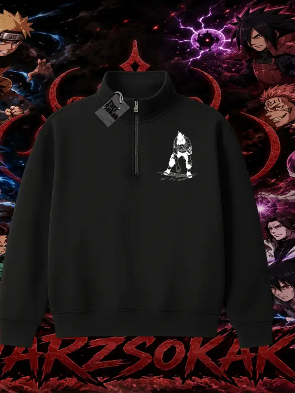 Shikamaru Nara Naruto Anime Karakter Unisex Polo Yaka Yarım Fermuarlı Sweatshirt Beyaz