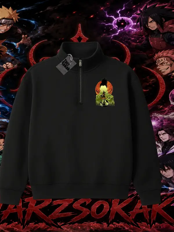 Shikamaru Nara Naruto Anime Karakter Unisex Polo Yaka Yarım Fermuarlı Sweatshirt Beyaz