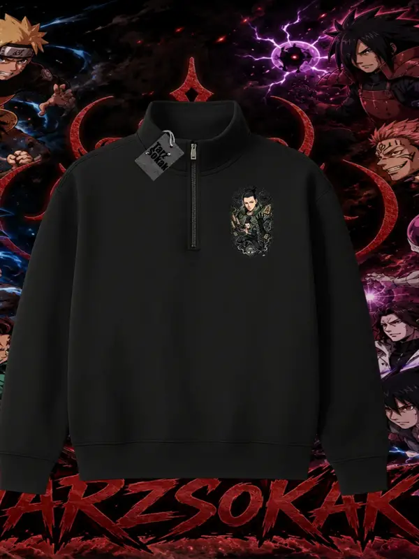 Shikamaru Nara Naruto Anime Karakter Unisex Polo Yaka Yarım Fermuarlı Sweatshirt Beyaz