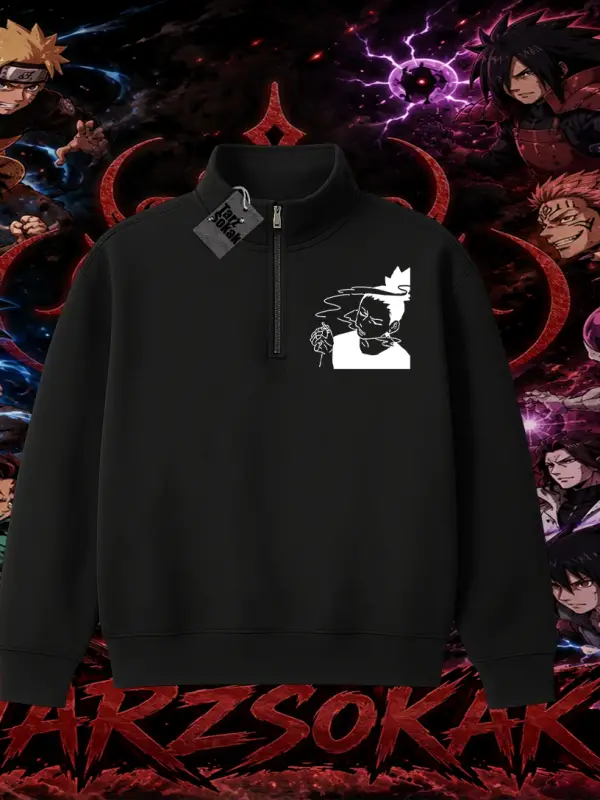 Shikamaru Nara Naruto Anime Karakter Unisex Polo Yaka Yarım Fermuarlı Sweatshirt Beyaz