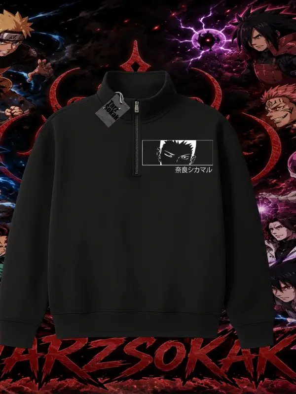 Shikamaru Nara Naruto Anime Karakter Unisex Polo Yaka Yarım Fermuarlı Sweatshirt Beyaz