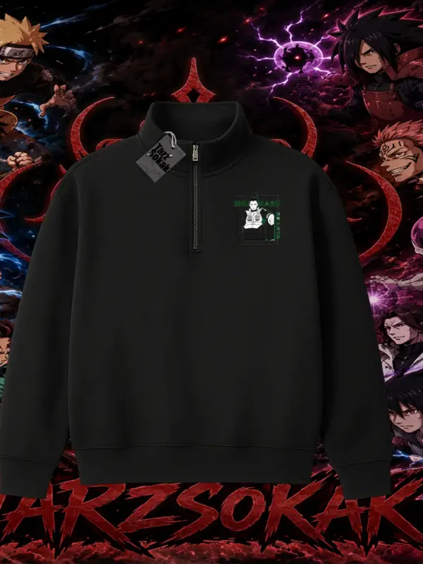 Shikamaru Nara Naruto Anime Karakter Unisex Polo Yaka Yarım Fermuarlı Sweatshirt Beyaz