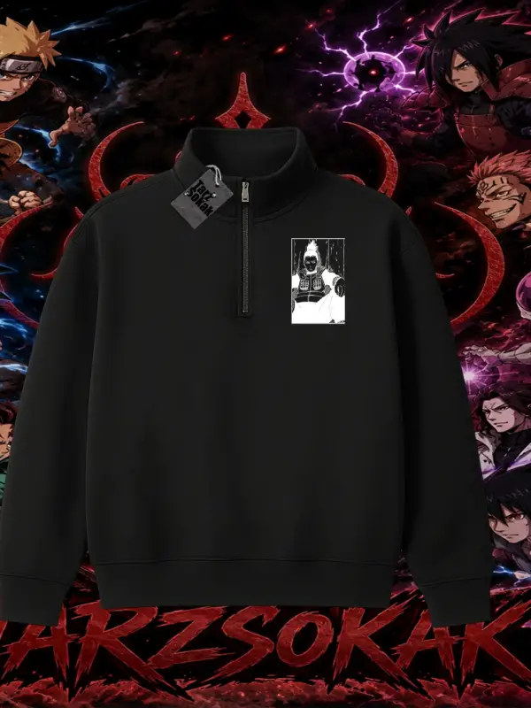 Shikamaru Nara Naruto Anime Karakter Unisex Polo Yaka Yarım Fermuarlı Sweatshirt Beyaz