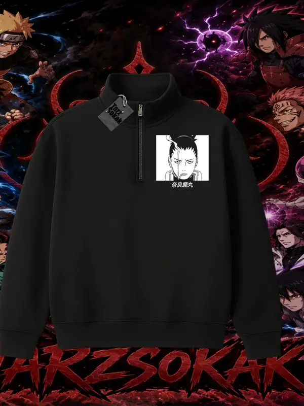 Shikamaru Nara Naruto Anime Karakter Unisex Polo Yaka Yarım Fermuarlı Sweatshirt Beyaz