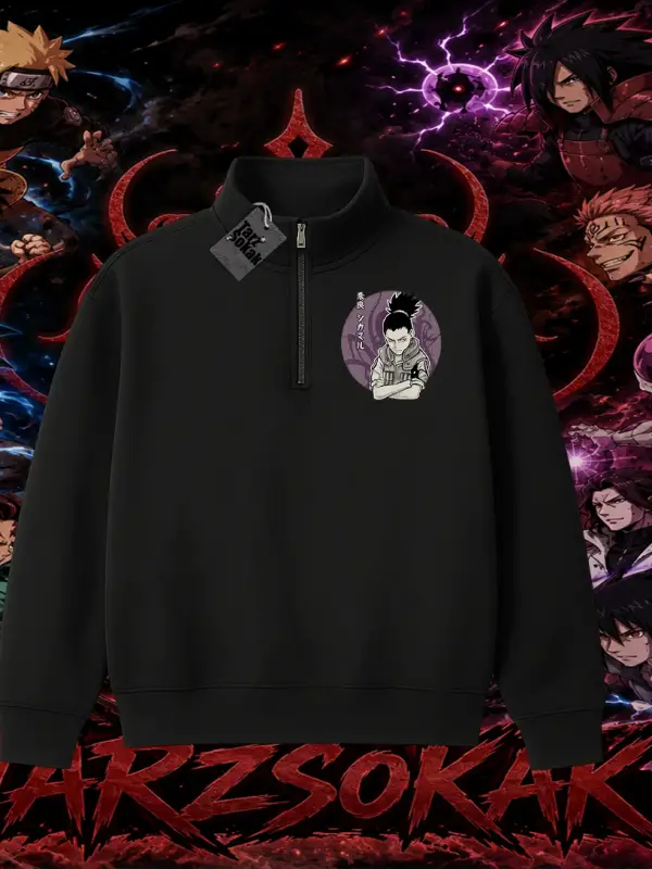 Shikamaru Nara Naruto Anime Karakter Unisex Polo Yaka Yarım Fermuarlı Sweatshirt Beyaz