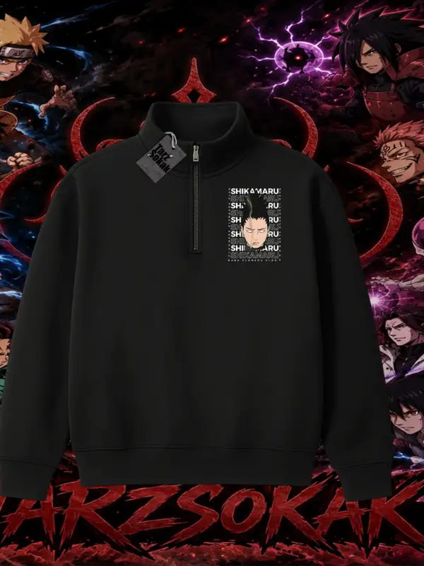 Shikamaru Nara Naruto Anime Karakter Unisex Polo Yaka Yarım Fermuarlı Sweatshirt Beyaz