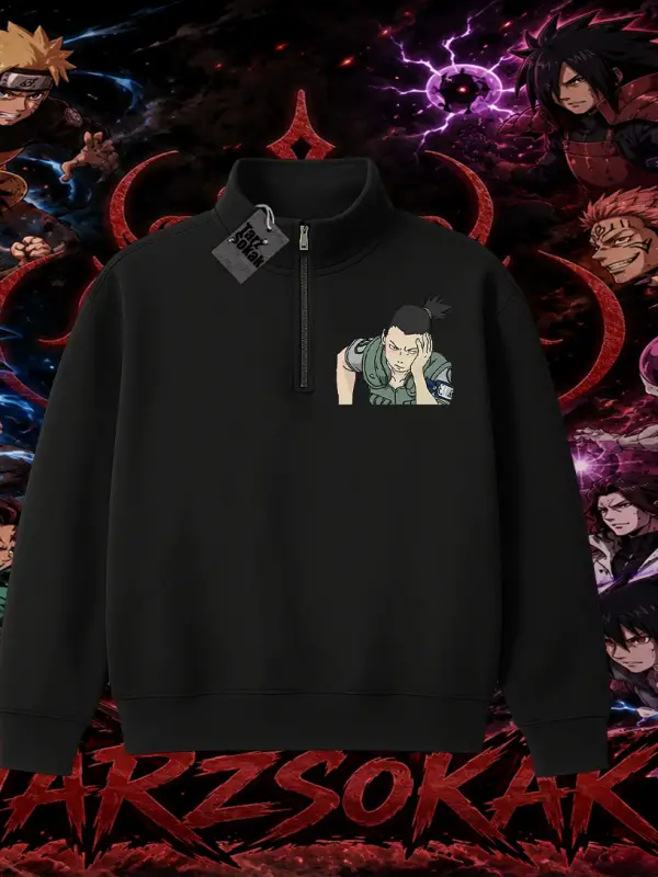 Shikamaru Nara Naruto Anime Karakter Unisex Polo Yaka Yarım Fermuarlı Sweatshirt Beyaz