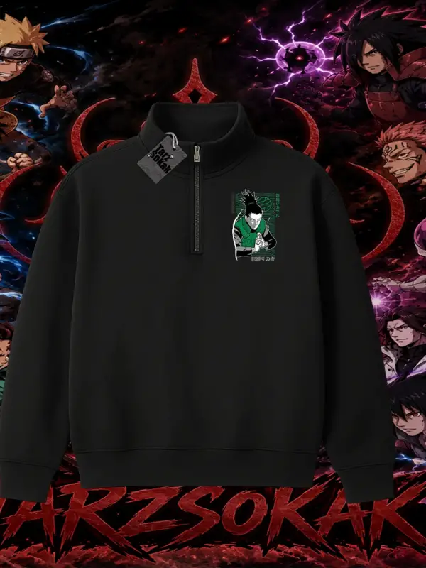 Shikamaru Nara Naruto Anime Karakter Unisex Polo Yaka Yarım Fermuarlı Sweatshirt Beyaz