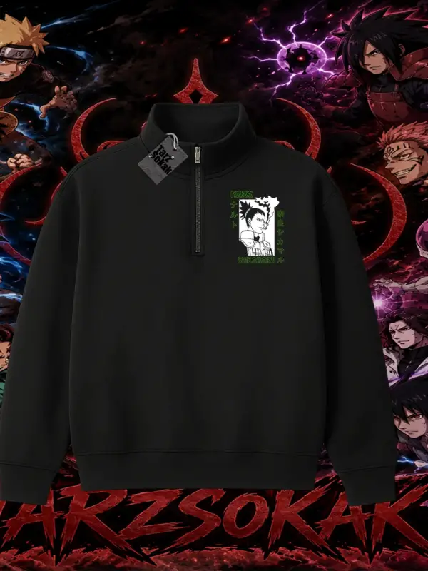 Shikamaru Nara Naruto Anime Karakter Unisex Polo Yaka Yarım Fermuarlı Sweatshirt Beyaz