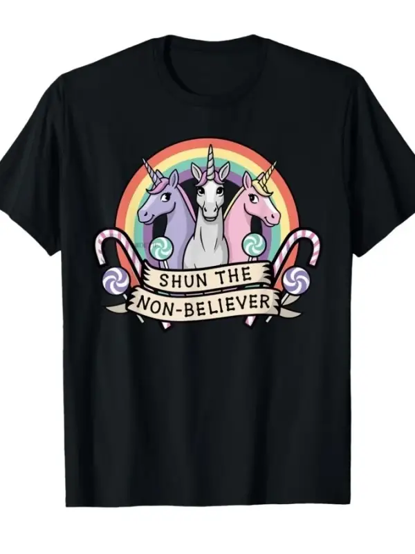 Shun The Non-Believer Komik Unicorn Meme Mizah T-shirt Erkekler Kadınlar Için % 100% Pamuk T