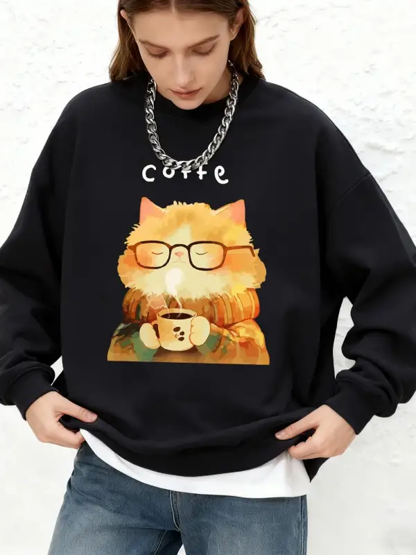 Sıcak bir kedi kahve içiyor baskılı kazak kadın rahat sıcak uzun kollu kapüşonlu üst Jogger o