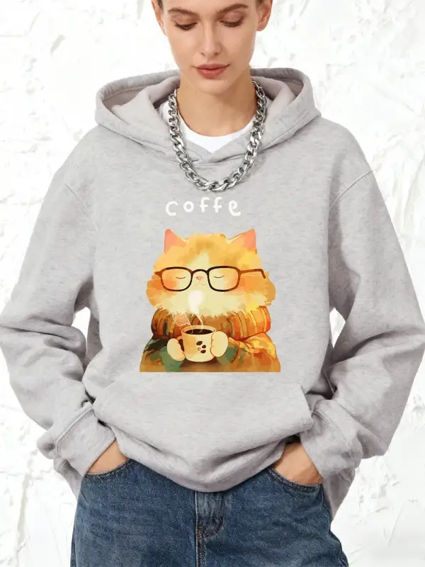 Sıcak Bir Kedi Kahve İçiyor Baskılı Pamuklu Kapüşonlu Üstler Kadınlar İçin Sportif Bol Sweats