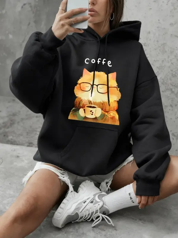 Sıcak Bir Kedi Kahve İçiyor Baskılı Sweatshirtler Kadınlar İçin Kışlık Polar Sıcak Kapüşonlu