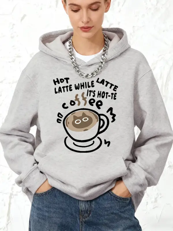 Sıcak Latte Kedi Baskılı Kapüşonlu Sweatshirt Pamuklu Kadın Sportif Bol Sweatshirt Kışlık Pol