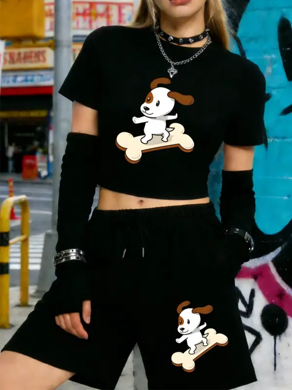 Sıcak Tatlı Çizgi Film Köpek Baskılı Babby TeeTişört Şort Kadın Yazlık İki Parça Takım Diz Boyu P