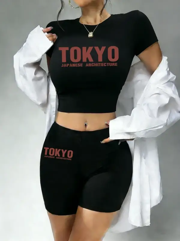Sıcak Tatlı Japon Tokyo Harfli Baskılı Babby Tee ve Şort Kadın İki Parça Takım Tişört Yüksek E