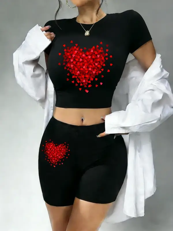 Sıcak Tatlı Kırmızı Kalp Grafik Baskılı Babby Tee Şort Kadın İki Parça Takım Tişört Pantolon D