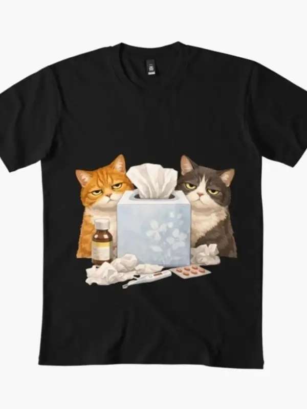 Sick Day Cats Erkek Kadın Tişörtü %100 Pamuklu Tişörtler Kısa Kollu Üstler 0107-3