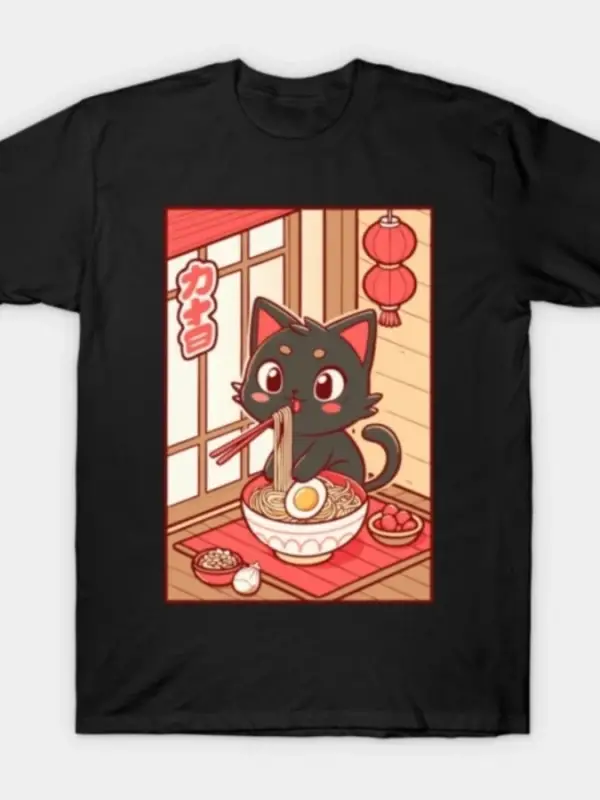 Siyah Kedi Erkek Kadın Tişörtü %100 Pamuklu Tişört Kısa Kollu Üstler 1219-2