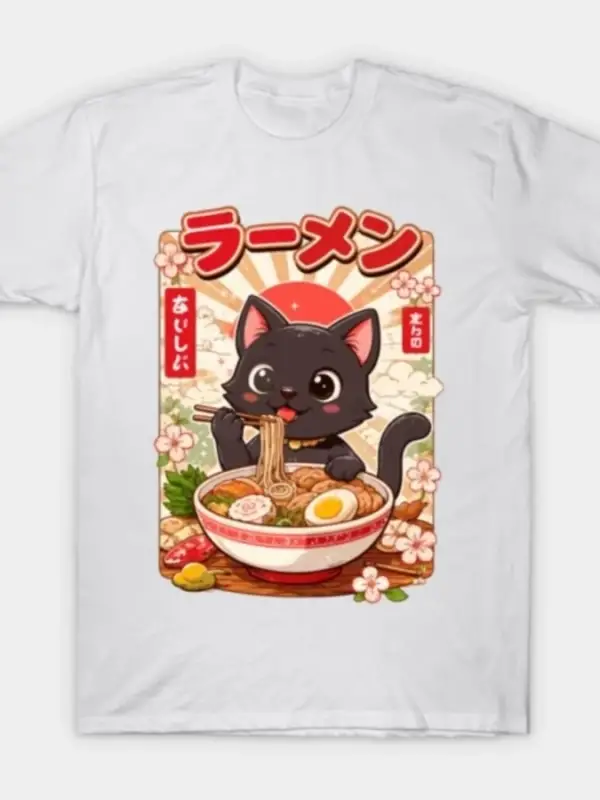 Siyah Kedi Ramen T-shirt Erkek Kadın % 100% Pamuklu Tişörtler Kısa Kollu Üstler 1219-2