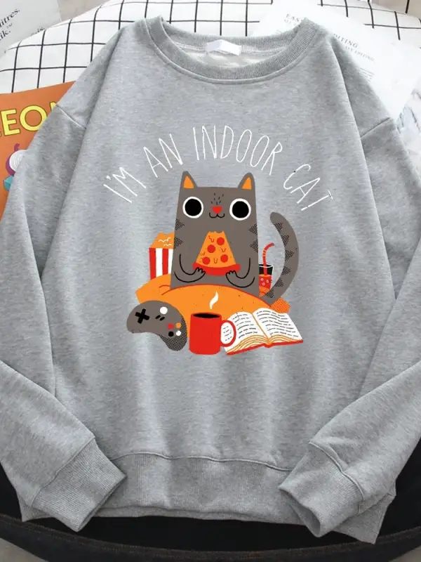 Sokak kadın tişörtü kedi oturma ve yeme Pizza baskı Hoodies rahat tüm matematik kazak Loose g