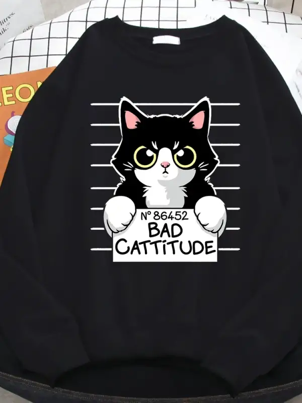 Sonbahar Kış Bayan Kazak No86452 Bad Cattitude Komik Kedi baskılı kapüşonlu svetşört Polar Tü