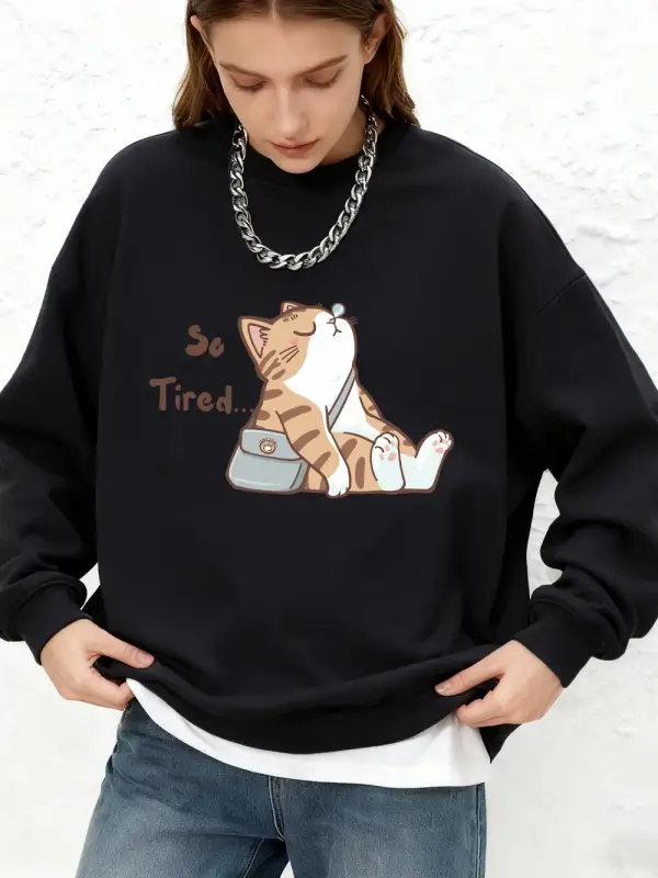 Soyut Kedi Çok Yorgun Baskılı Sweatshirt Kadın Günlük Yuvarlak Yaka Bol Kapüşonlu Sıcak Uzun