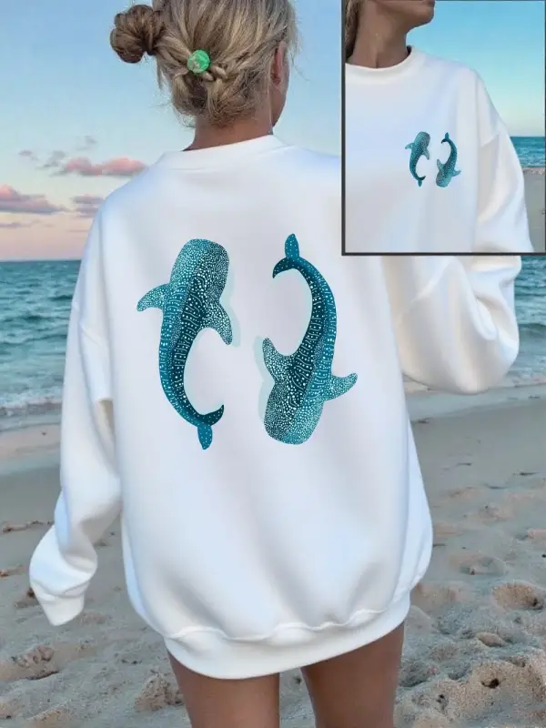 Sperm Balinası Mavi Baskı Tişörtü Kadın Gevşek Rahat Kapüşonlular Polar Sıcak Bisiklet Yaka G