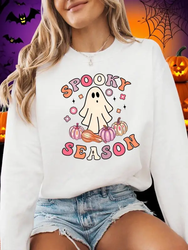 Spooky Sezon Kazak Hayalet Baskılar Cadılar Bayramı Kadın Kış Polar Hoodie Crewneck Gevşek Ka