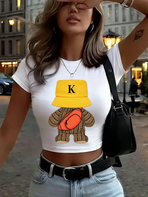 Spor Yünlü Ayı Baskılı Kadın Babby TeeT-Shirt Yaz Yüksek Elastik Yumuşak Üstler İnce Kısa Kollu T