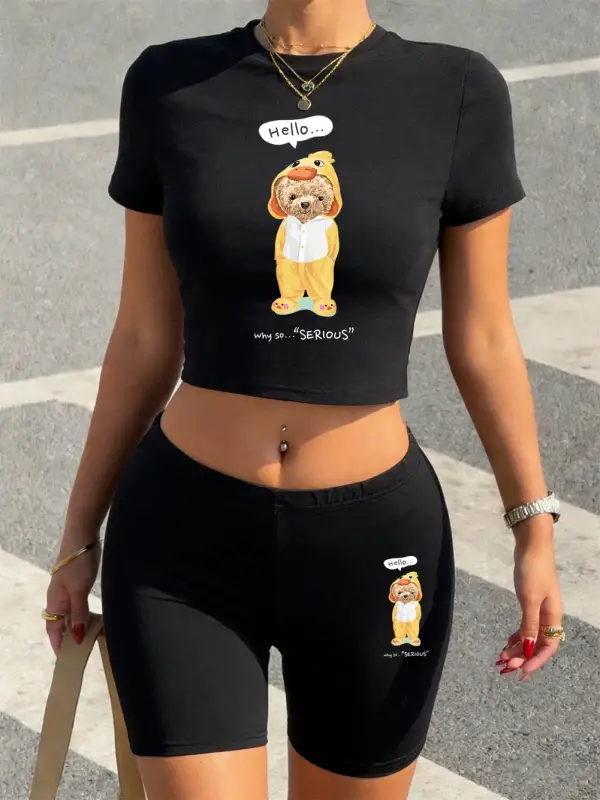 Sportif Pijama Ayı Karikatür Baskılar Kırpma Üstleri ve Şortlar Kadın İki Parçalı Set Tişörtl