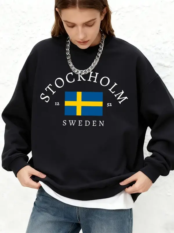 Stokholm İsveç Bayrağı Baskılı Kadın Sweatshirtleri Kışlık Yuvarlak Yaka Kapüşonlu Üstler Sıc