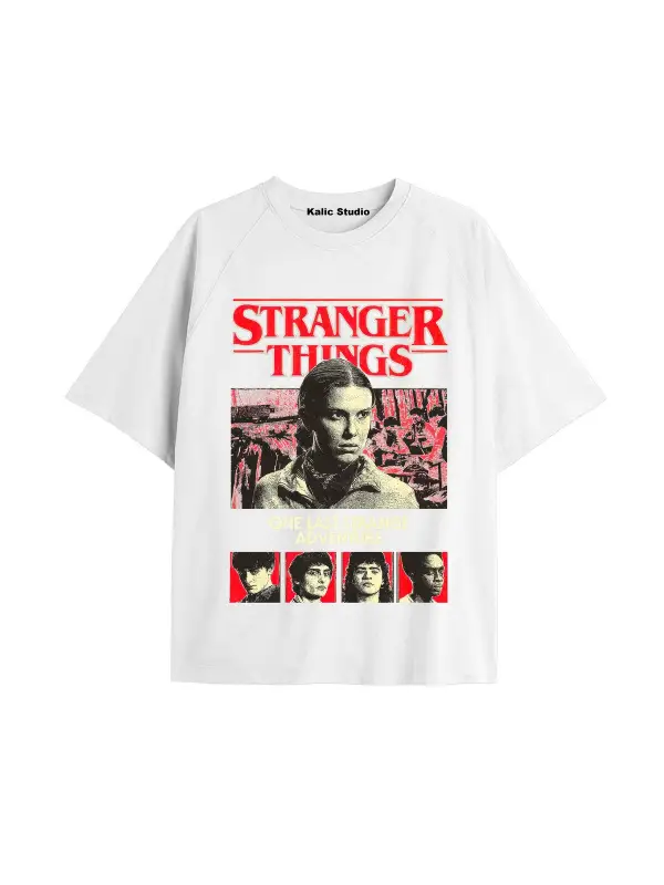 Stranger Things Baskılı oversize ünisex t-shirt beyaz