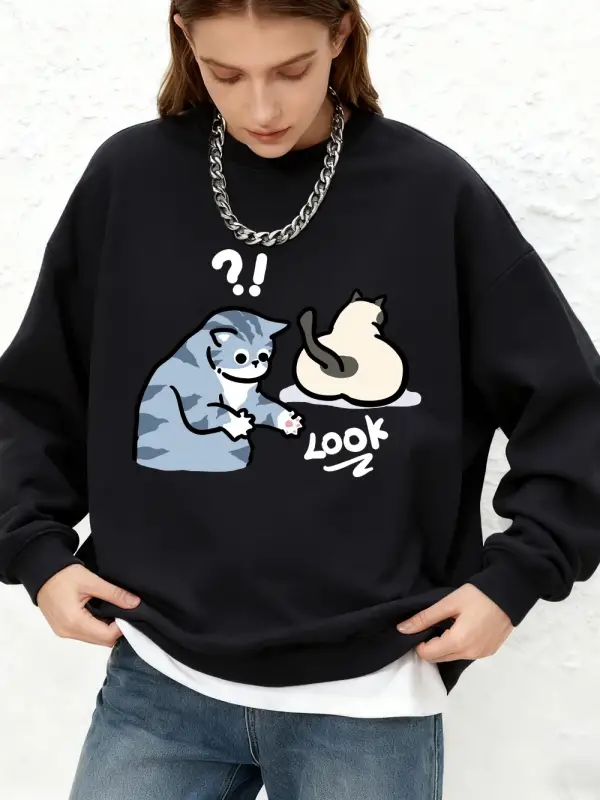 Şüpheli Karikatür Kedi Baskılı Sweatshirt Kadın Günlük Jogger Sıcak Kapüşonlu Sweatshirt Yuva