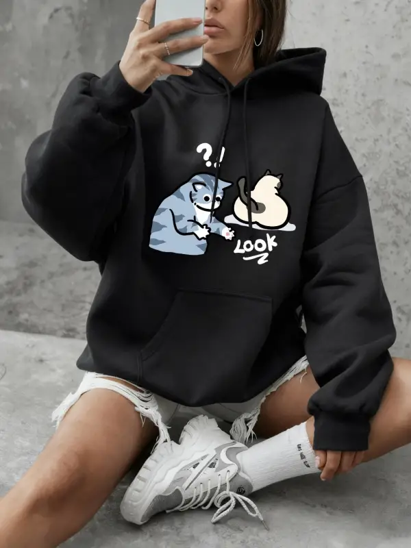 Şüpheli Karikatür Kedi Baskılı Tişörtü Kadın Temelleri Bisiklet Yaka Kapüşonlular Rahat Gevşe