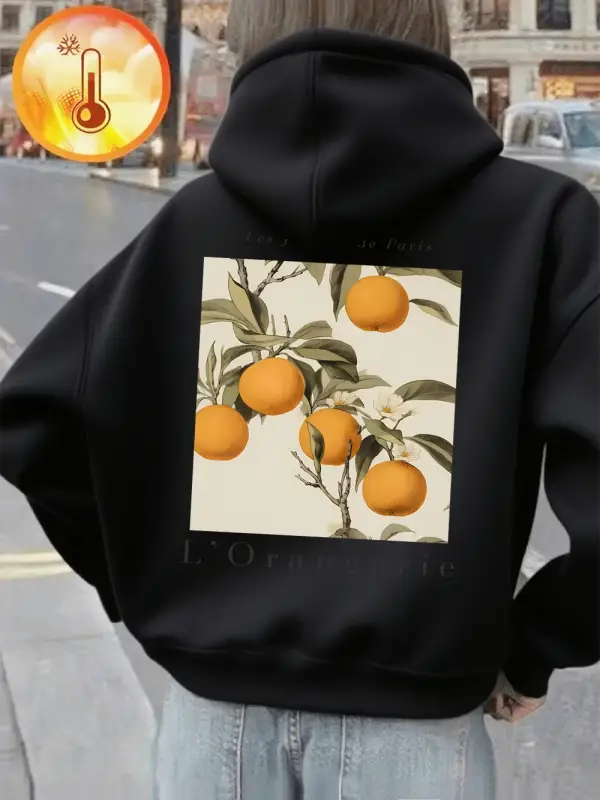 Taze Portakal Meyve Baskı Kapüşonlular Kadın Kış Polar Sıcak Kazaklar Gevşek Cep Tişörtü Raha