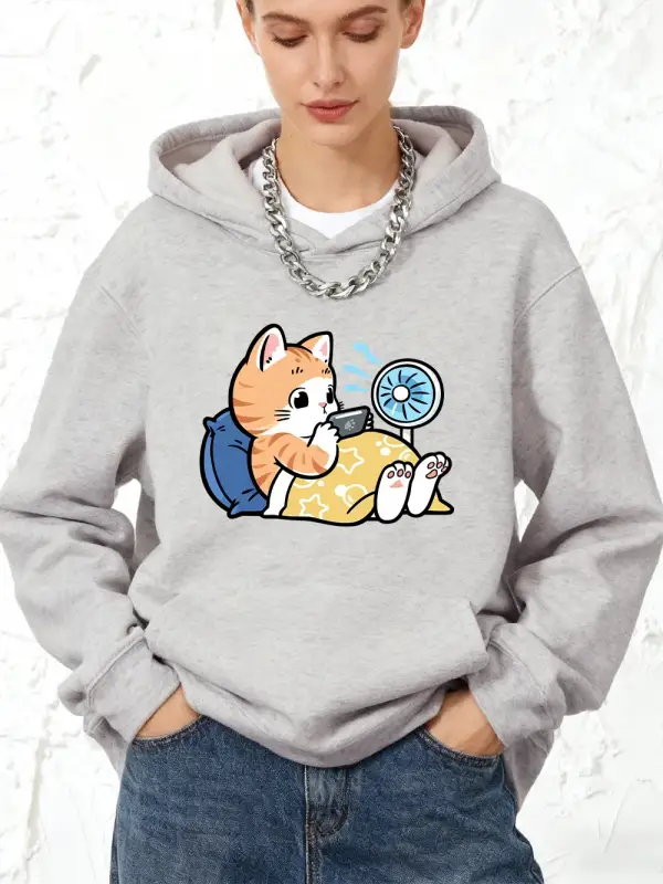 Telefonla Oynayan Tembel Kedi Baskılı Kapüşonlular Pamuk Kadın Koşu Cep Üstleri Sportif Gevşe